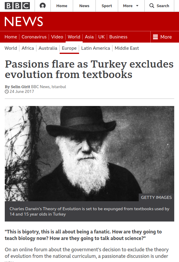 BBC on Turkey Excluding Evolution from Textbooks